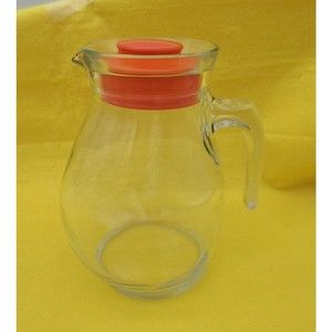 Vintage Juice Water Pitcher Pot Belly Clear Glass Orange Lid Italy 1 Quart
